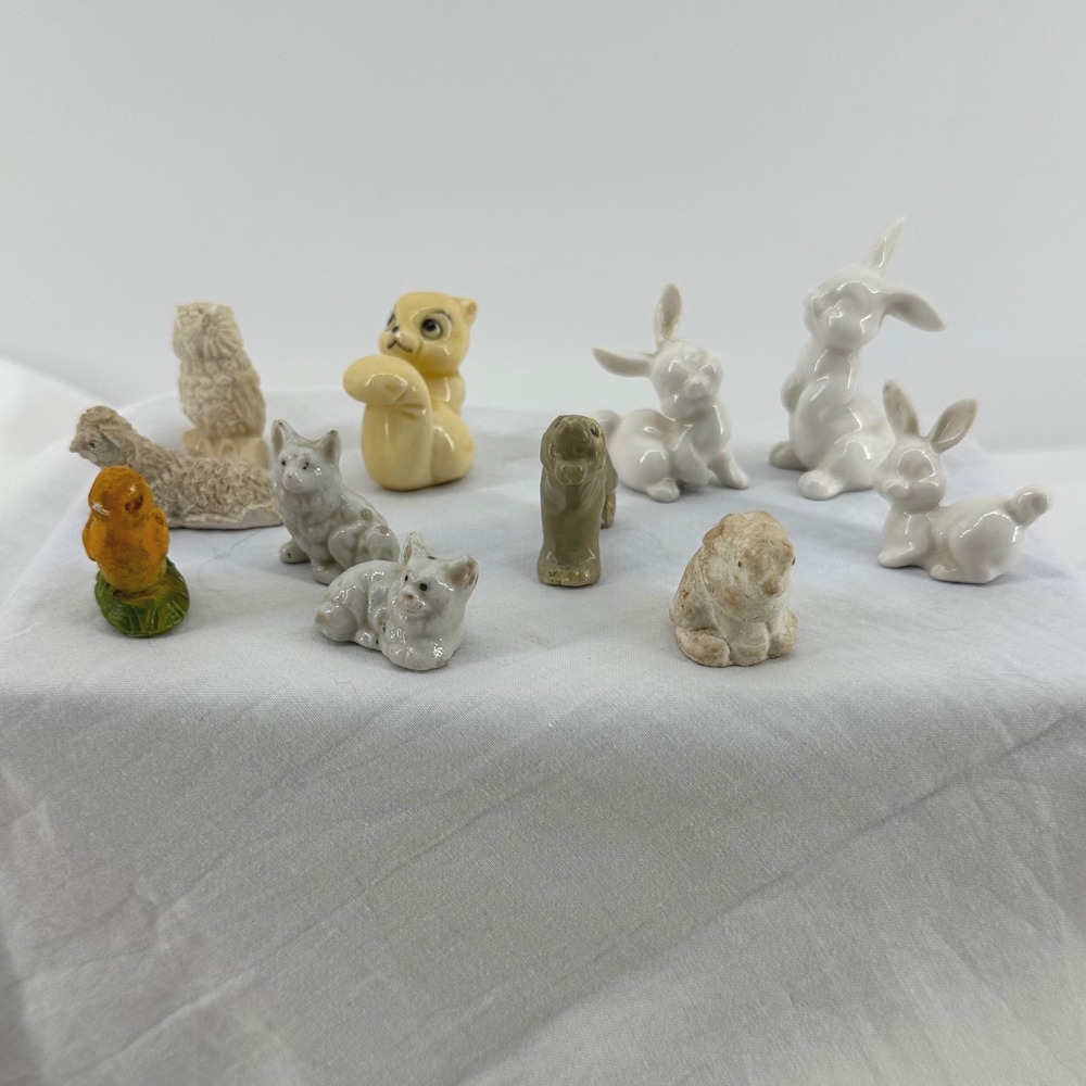 Vintage Miniature Animal Figurines Lot 10 Ceramic Porcelain Rabbits Bird Japan